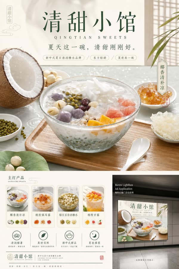 清甜小馆｜新中式夏日糖水品牌视觉提案（4 张分镜）