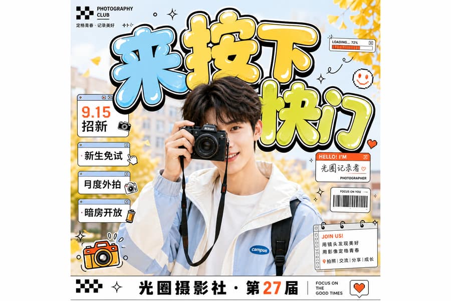 青春潮流海报|泡泡字 + 人像 + 桌面贴纸混排